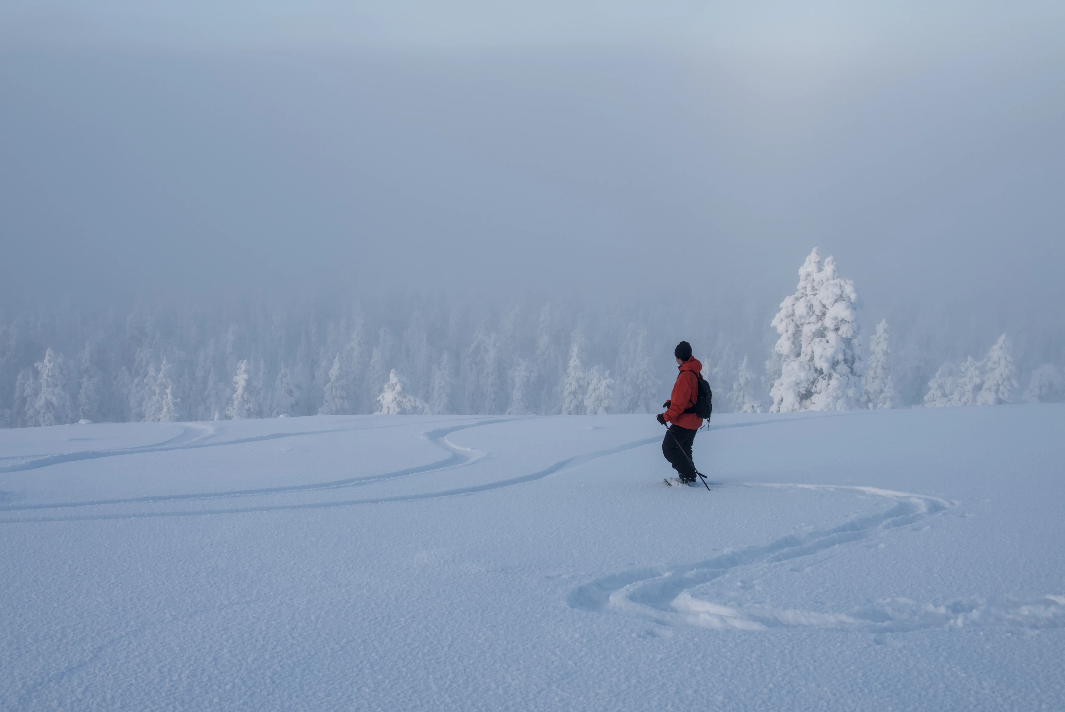 Un skieur dans les paysages enneigés de Laponie